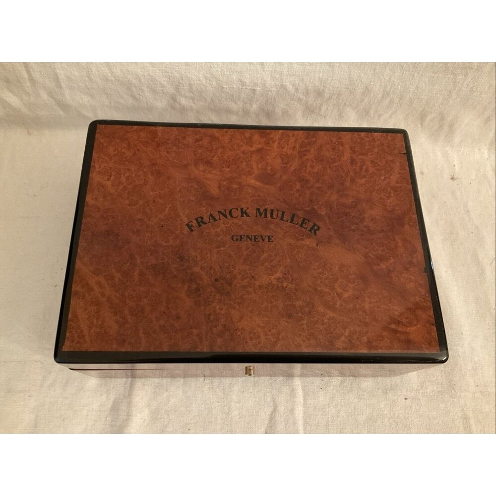 Franck Muller Brown EMPTY watch box case Burled Wood Hinged Lid Authentic 8.5” W